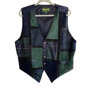 Vintage Green Plaid Holiday X-mas Vest Leather Wool Women's 80s Patchwork XL